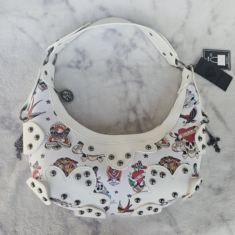 White Studded Tattoo Print Shoulder Bag Ed Hardy Purse Crescent Shape